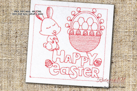 Happy Easter with Egg Basket Redwork for Business Embroidery